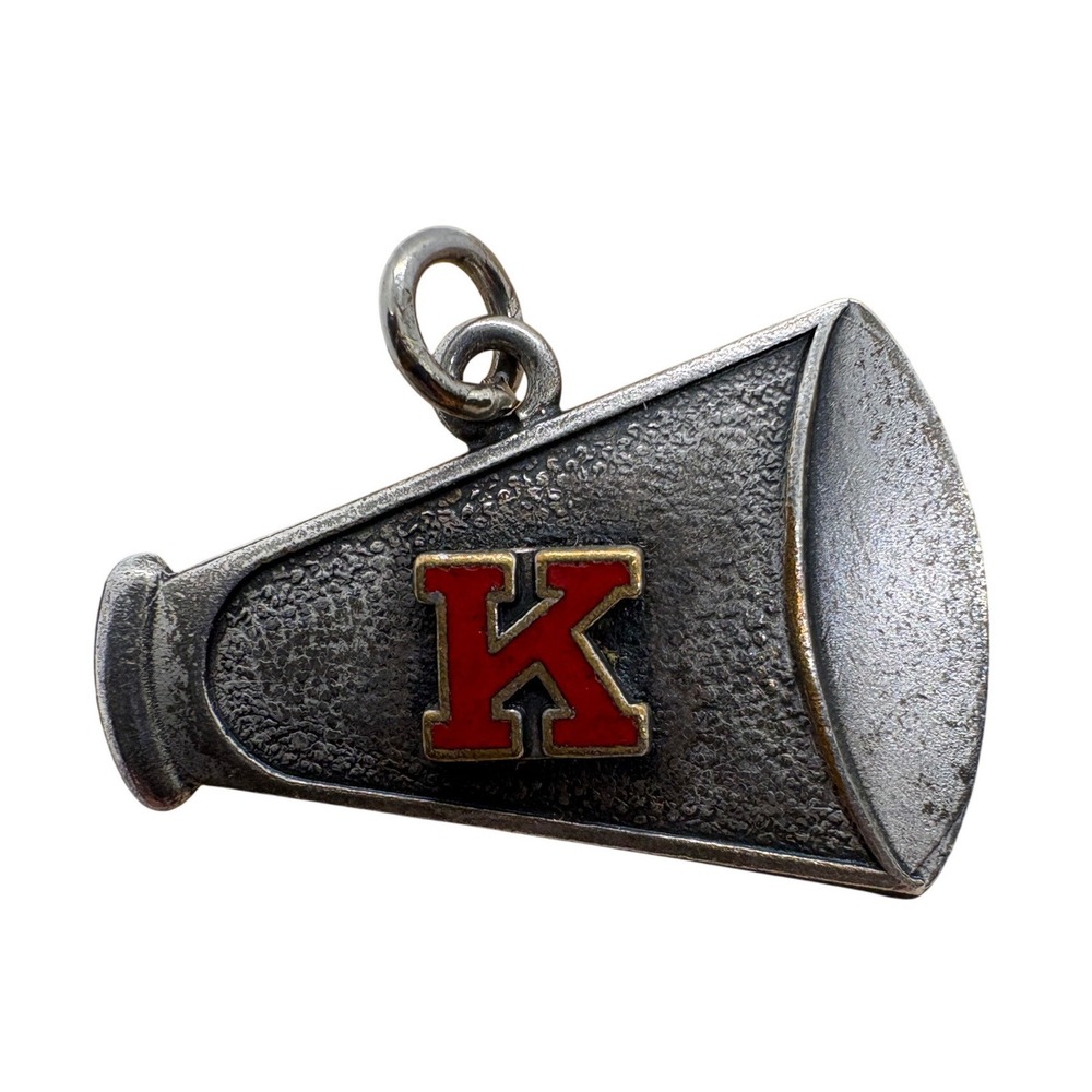 Vintage Megaphone Charm Silver Tone Red Enamel Letter K Cheerleader Pendant 4.2g